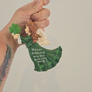 Vintage Kurt S. Adler Resin Irish Ornament Angel Holding Shamrock 3 Leaf Clover